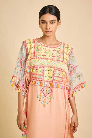 Surily G_Peach Silk, Organza Tassels Round Neck Kaftan _Online_at_Aza_Fashions