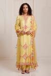 Buy_Surily G_Yellow Silk, Organza Tassels V-neck, Yes Geometric Embroidered Kurta Set _at_Aza_Fashions