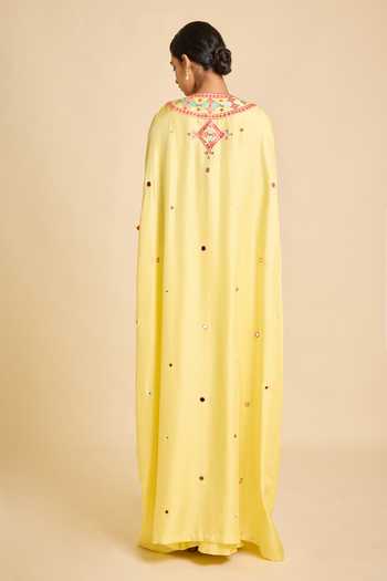 Shop_Surily G_Yellow Silk Mirrors Square Neck Blouse Draped Skirt Set _at_Aza_Fashions