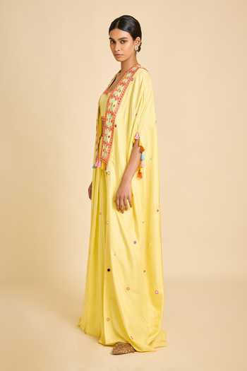 Surily G_Yellow Silk Mirrors Square Neck Blouse Draped Skirt Set _Online_at_Aza_Fashions