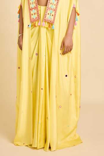 Buy_Surily G_Yellow Silk Mirrors Square Neck Blouse Draped Skirt Set _Online_at_Aza_Fashions