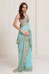 Buy_Surily G_Aqua Georgette Mirrors, Tassels Sweetheart Neck Embroidered Saree Set _Online_at_Aza_Fashions