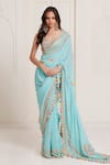 Buy_Surily G_Aqua Georgette Mirrors, Tassels Sweetheart Neck Embroidered Saree Set _at_Aza_Fashions