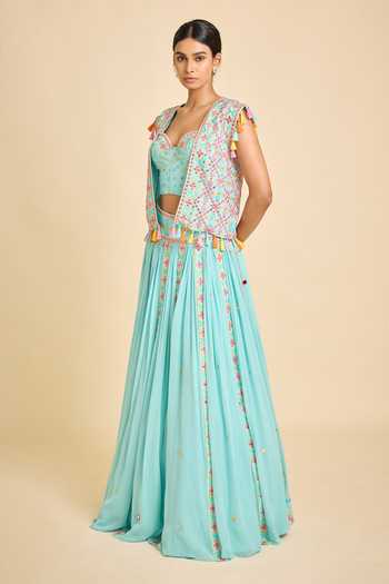Surily G_Aqua Mirrors, Tassels Sweetheart , Round Embellished Lehenga Set _Online_at_Aza_Fashions