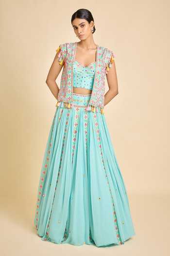 Buy_Surily G_Aqua Mirrors, Tassels Sweetheart , Round Embellished Lehenga Set _at_Aza_Fashions