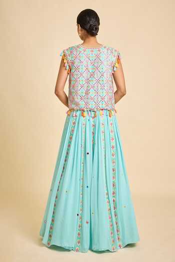 Shop_Surily G_Aqua Mirrors, Tassels Sweetheart , Round Embellished Lehenga Set _at_Aza_Fashions