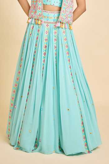 Buy_Surily G_Aqua Mirrors, Tassels Sweetheart , Round Embellished Lehenga Set _Online_at_Aza_Fashions
