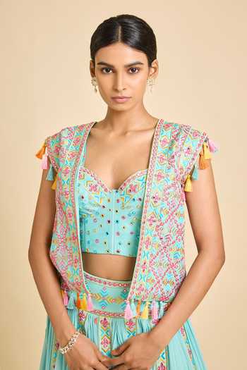 Shop_Surily G_Aqua Mirrors, Tassels Sweetheart , Round Embellished Lehenga Set _Online_at_Aza_Fashions