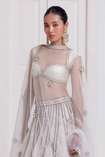 Surily G_Pink Chanderi, Net Gota Patti, Zari Sweetheart Neck Chevron Lehenga Set _Online_at_Aza_Fashions