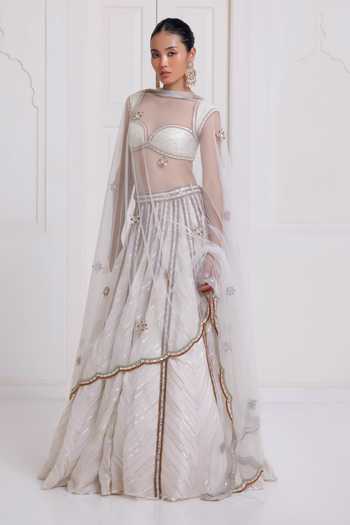 Buy_Surily G_Pink Chanderi, Net Gota Patti, Zari Sweetheart Neck Chevron Lehenga Set _at_Aza_Fashions