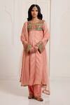 Buy_Surily G_Peach Chanderi, Net Embroidery, Zari, Mirrors Round Neck, Yes Kurta Set _at_Aza_Fashions