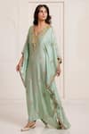 Buy_Surily G_Green Chanderi Embroidery V-neck Kaftan _at_Aza_Fashions