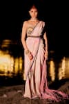 Buy_Surily G_Pink Crepe, Net Fringe, Embroidery Bandeau Neck Tie Dye Pre-draped Saree Set _at_Aza_Fashions