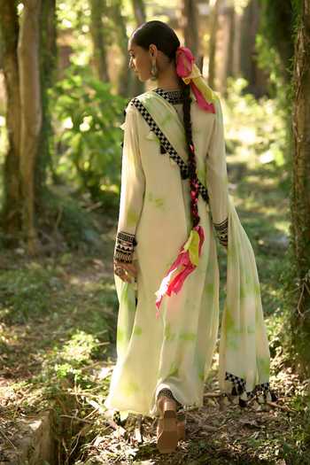 Shop_Surily G_Green Crepe Embroidery, Tassels V-neck, Yes Tie Dye Draped Kurta And Pant Set _at_Aza_Fashions