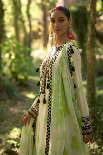 Surily G_Green Crepe Embroidery, Tassels V-neck, Yes Tie Dye Draped Kurta And Pant Set _Online_at_Aza_Fashions
