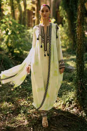 Buy_Surily G_Green Crepe Embroidery, Tassels V-neck, Yes Tie Dye Draped Kurta And Pant Set _at_Aza_Fashions