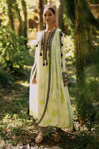 Shop_Surily G_Green Crepe Embroidery, Tassels V-neck, Yes Tie Dye Draped Kurta And Pant Set _Online_at_Aza_Fashions