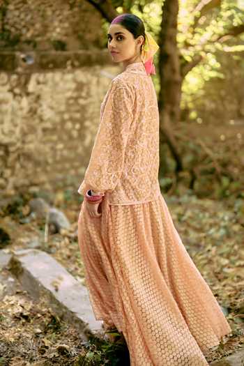 Shop_Surily G_Peach Crepe, Embroidery, Keyhole Neck Jaal Top And Palazzo Set _at_Aza_Fashions