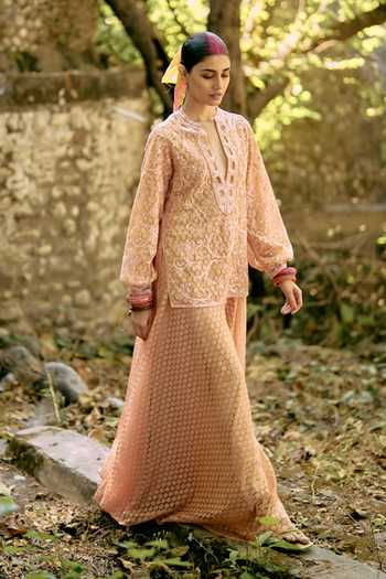 Buy_Surily G_Peach Crepe, Embroidery, Keyhole Neck Jaal Top And Palazzo Set _at_Aza_Fashions