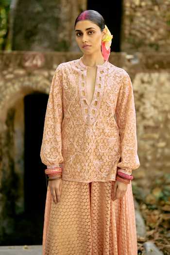 Surily G_Peach Crepe, Embroidery, Keyhole Neck Jaal Top And Palazzo Set _Online_at_Aza_Fashions