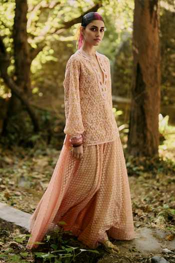Buy_Surily G_Peach Crepe, Embroidery, Keyhole Neck Jaal Top And Palazzo Set _Online_at_Aza_Fashions
