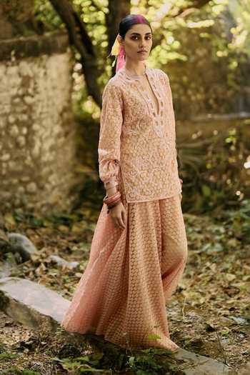 Shop_Surily G_Peach Crepe, Embroidery, Keyhole Neck Jaal Top And Palazzo Set _Online_at_Aza_Fashions