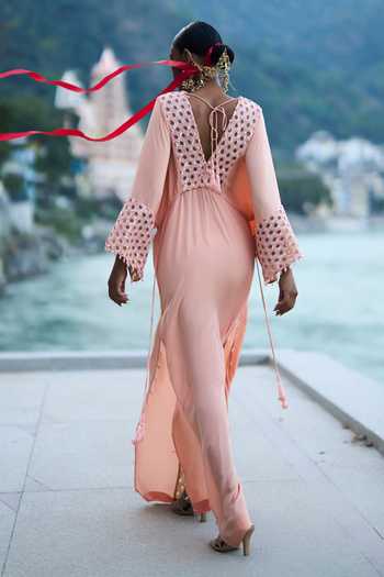 Shop_Surily G_Peach Crepe Embroidery V-neck Hexagon Kaftan _at_Aza_Fashions