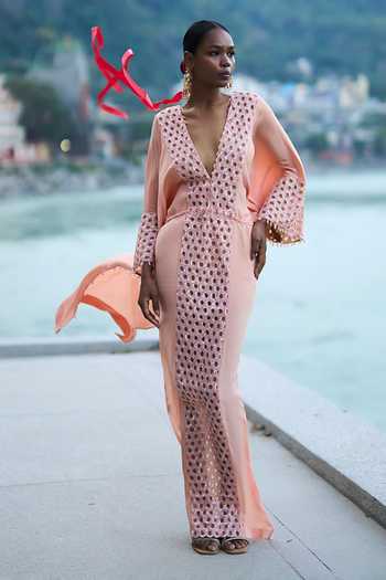 Buy_Surily G_Peach Crepe Embroidery V-neck Hexagon Kaftan _at_Aza_Fashions