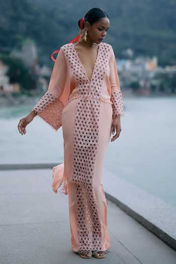Buy_Surily G_Peach Crepe Embroidery V-neck Hexagon Kaftan _Online_at_Aza_Fashions
