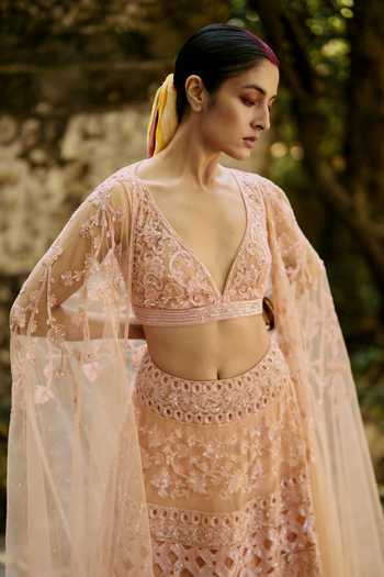 Surily G_Peach Net Embroidery, Sequins V-neck Lehenga Set _Online_at_Aza_Fashions