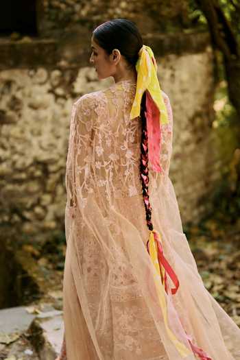 Shop_Surily G_Peach Net Embroidery, Sequins V-neck Lehenga Set _at_Aza_Fashions