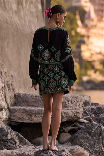Shop_Surily G_Black Crepe Embroidery Keyhole Neck Top And Skirt Set _at_Aza_Fashions