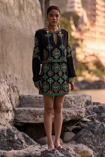 Surily G_Black Crepe Embroidery Keyhole Neck Top And Skirt Set _Online_at_Aza_Fashions