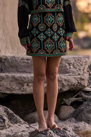 Buy_Surily G_Black Crepe Embroidery Keyhole Neck Top And Skirt Set _Online_at_Aza_Fashions