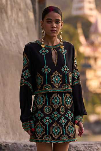 Shop_Surily G_Black Crepe Embroidery Keyhole Neck Top And Skirt Set _Online_at_Aza_Fashions