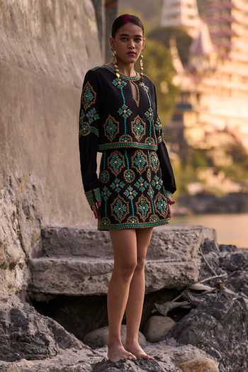 Buy_Surily G_Black Crepe Embroidery Keyhole Neck Top And Skirt Set _at_Aza_Fashions