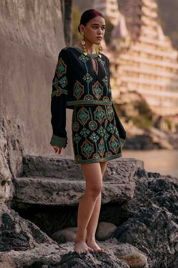 Surily G_Black Crepe Embroidery Keyhole Neck Top And Skirt Set _at_Aza_Fashions