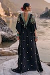 Shop_Surily G_Black Crepe Embroidery, Tassels V-neck Kaftan _at_Aza_Fashions