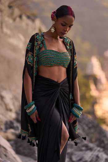 Surily G_Black Crepe, Lycra Beads Open , Square Embroidered Cape Skirt Set _Online_at_Aza_Fashions