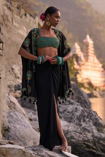 Buy_Surily G_Black Crepe, Lycra Beads Open , Square Embroidered Cape Skirt Set _Online_at_Aza_Fashions