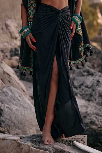 Shop_Surily G_Black Crepe, Lycra Beads Open , Square Embroidered Cape Skirt Set _Online_at_Aza_Fashions