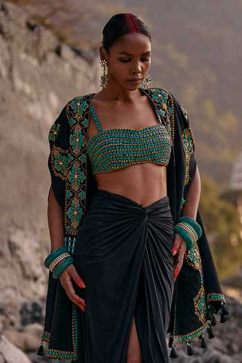 Surily G_Black Crepe, Lycra Beads Open , Square Embroidered Cape Skirt Set _at_Aza_Fashions