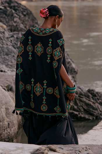Shop_Surily G_Black Crepe, Lycra Beads Open , Square Embroidered Cape Skirt Set _at_Aza_Fashions