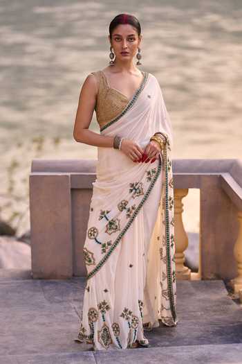 Buy_Surily G_Green Georgette, Crepe Embroidery, Zari V-neck Saree With Blouse _Online_at_Aza_Fashions