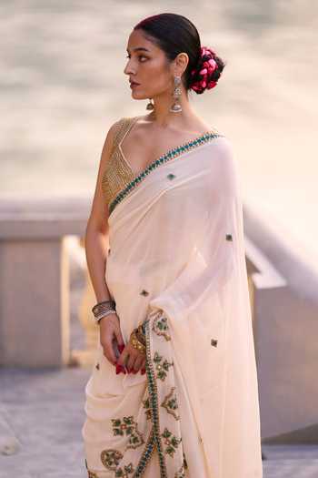 Shop_Surily G_Green Georgette, Crepe Embroidery, Zari V-neck Saree With Blouse _Online_at_Aza_Fashions