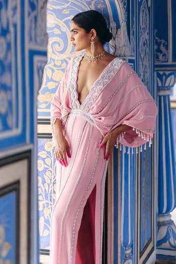 Shop_Surily G_Pink Crepe Beads, Tassels V-, Plunge Kaftan _at_Aza_Fashions