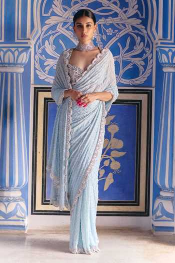 Buy_Surily G_Blue Net, Georgette Pearls, Stones, Crystals Scallop Bordered Saree Set _at_Aza_Fashions
