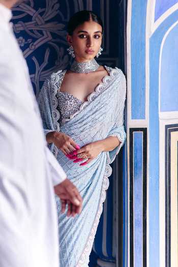 Shop_Surily G_Blue Net, Georgette Pearls, Stones, Crystals Scallop Bordered Saree Set _at_Aza_Fashions
