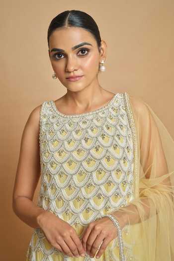 Shop_Surily G_Multicolor Georgette, Crepe, Net Embroidery, Beads, Pearls Round Scallop Kurta Set _at_Aza_Fashions