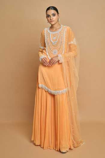 Buy_Surily G_Peach Georgette, Net Pearls, Sequins Round Neck Kurta Set _at_Aza_Fashions
